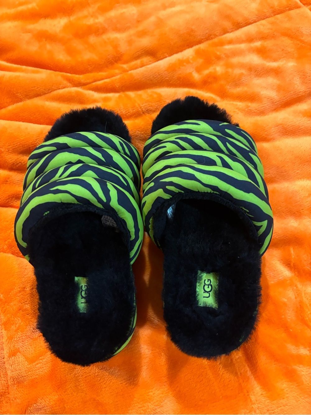 UGG Women’s Platform Neon Green and Black Zebra Shearling Slide
